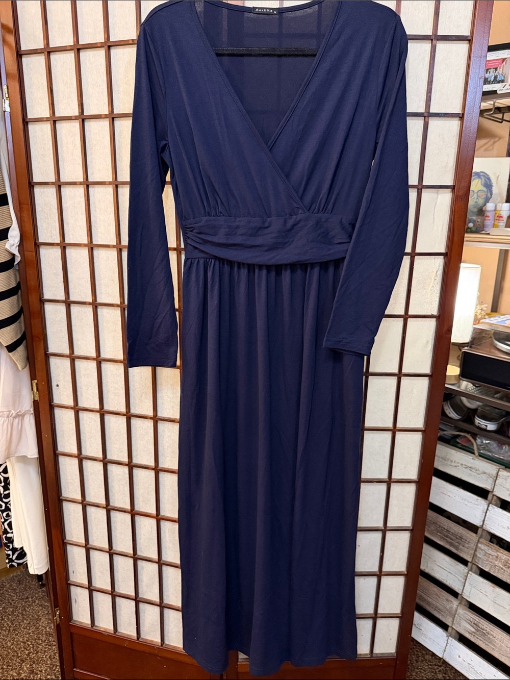 Classic Navy Long-Sleeve Wrap Maxi Dress
